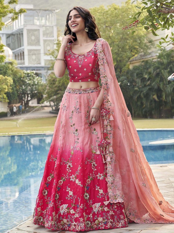 Shaded Pink Pure Organza Lehenga Choli